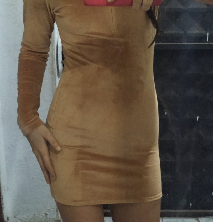 Bej Kadın Midi Elbise kadife kumaş Yüksek Yaka - Görsel 2