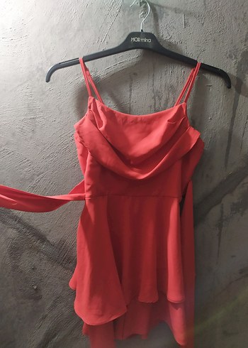 Kırmızı Mini Drapeli İnce Askılı Elbise - Görsel 4