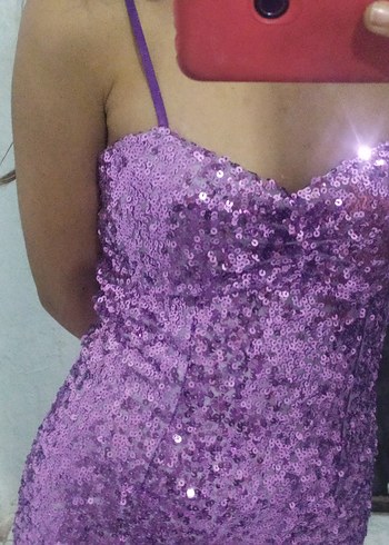 Parlak Mor Straplez Payetli Midi Elbise - Görsel 2