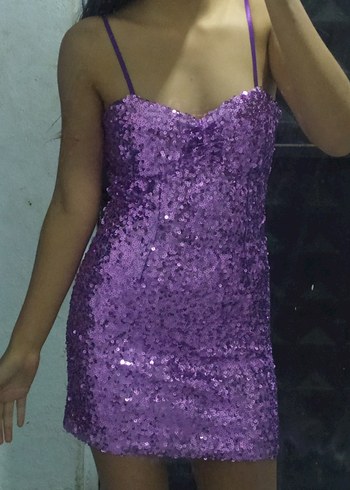 Parlak Mor Straplez Payetli Midi Elbise - Görsel 3