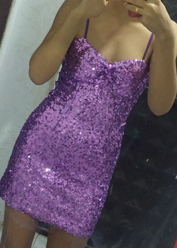 Parlak Mor Straplez Payetli Midi Elbise - Görsel 4