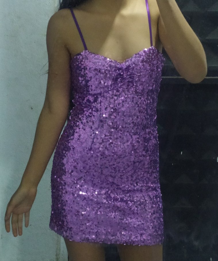 Parlak Mor Straplez Payetli Midi Elbise - Görsel 3