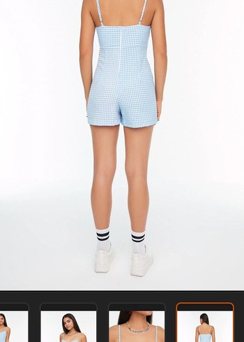 Mavi Kareli Askılı elbise görünümlü tulum - Görsel 2