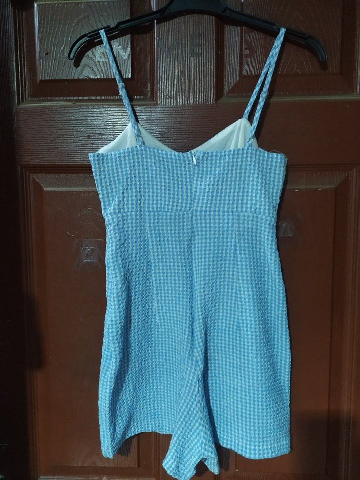 Mavi Kareli Askılı elbise görünümlü tulum - Görsel 4