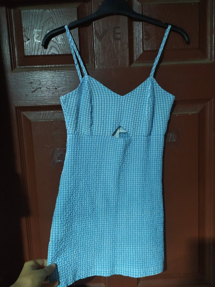 Mavi Kareli Askılı elbise görünümlü tulum - Görsel 3