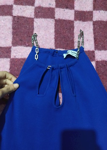 Mavi Parlak Mini örme kumaş Elbise zincir Detaylı - Görsel 4