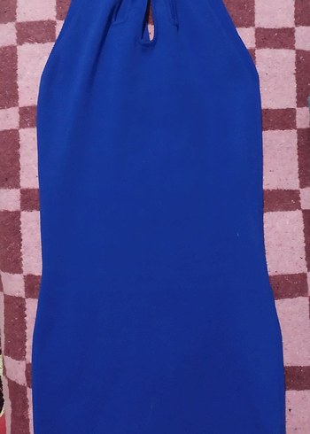 Mavi Parlak Mini örme kumaş Elbise zincir Detaylı - Görsel 3