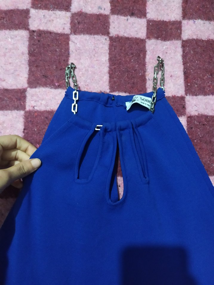 Mavi Parlak Mini örme kumaş Elbise zincir Detaylı - Görsel 4