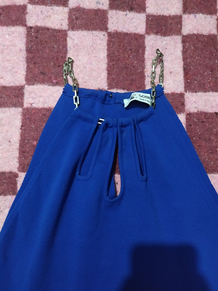 Mavi Parlak Mini örme kumaş Elbise zincir Detaylı - Görsel 2