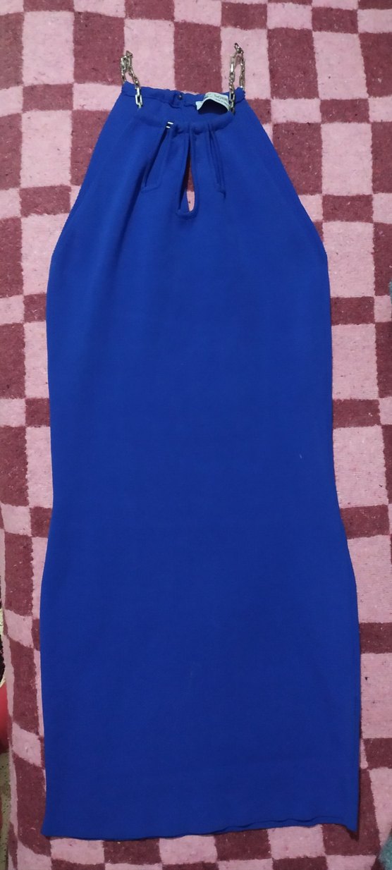 Mavi Parlak Mini örme kumaş Elbise zincir Detaylı - Görsel 3