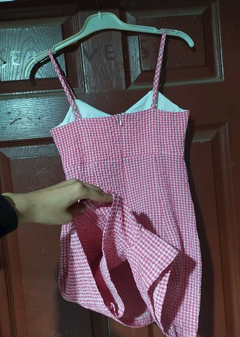 Pembe Kareli Mini Elbise görünümlü tulum - Görsel 6