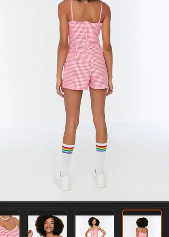 Pembe Kareli Mini Elbise görünümlü tulum - Görsel 2