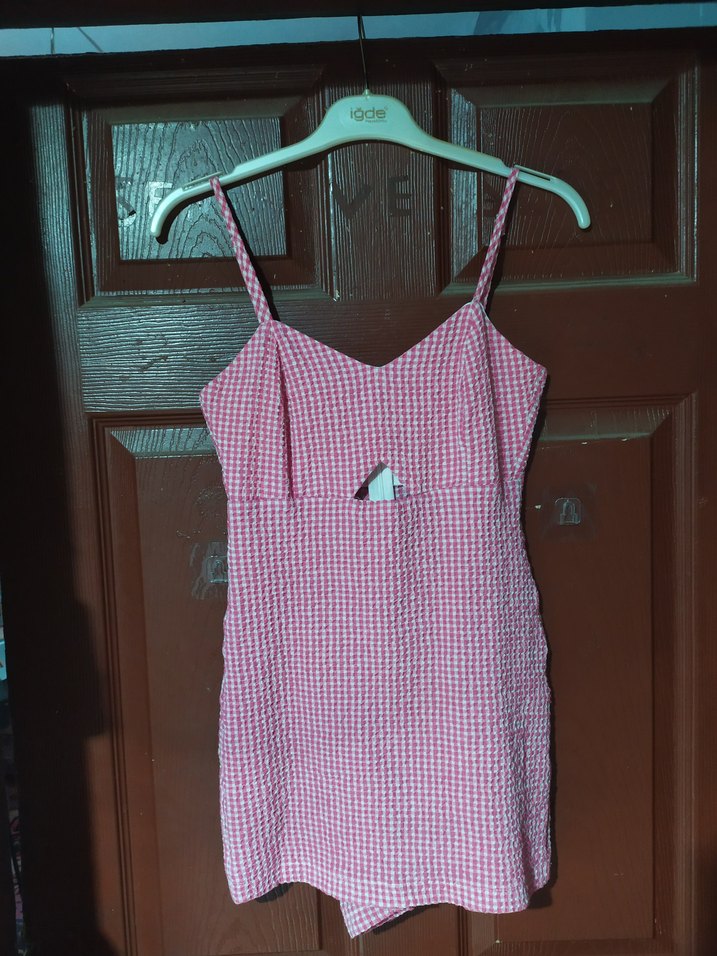 Pembe Kareli Mini Elbise görünümlü tulum - Görsel 3