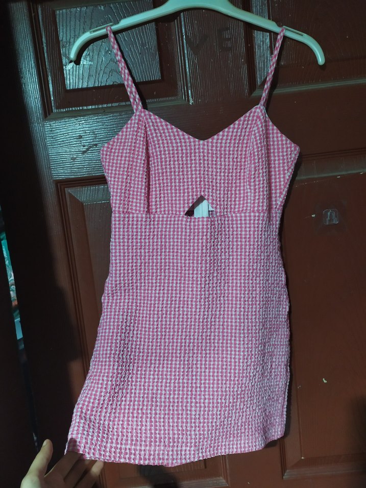 Pembe Kareli Mini Elbise görünümlü tulum - Görsel 4