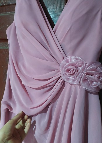 Pembe şık Drapeli V Yakalı uzun abiye elbise - Görsel 3