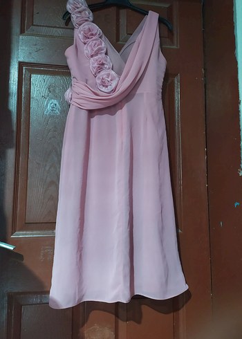 Pembe şık Drapeli V Yakalı uzun abiye elbise - Görsel 6