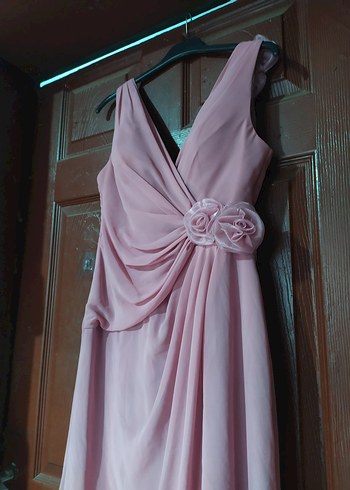 Pembe şık Drapeli V Yakalı uzun abiye elbise - Görsel 4