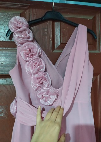 Pembe şık Drapeli V Yakalı uzun abiye elbise - Görsel 5