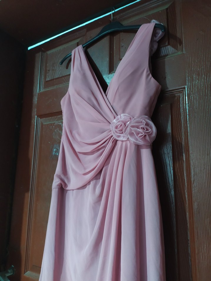 Pembe şık Drapeli V Yakalı uzun abiye elbise - Görsel 4