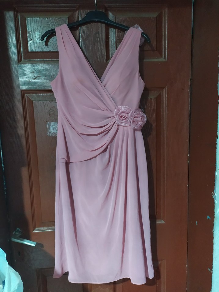 Pembe şık Drapeli V Yakalı uzun abiye elbise - Görsel 2