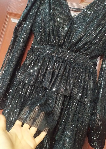 Parlak Siyah kısa Abiye Elbise - Görsel 10