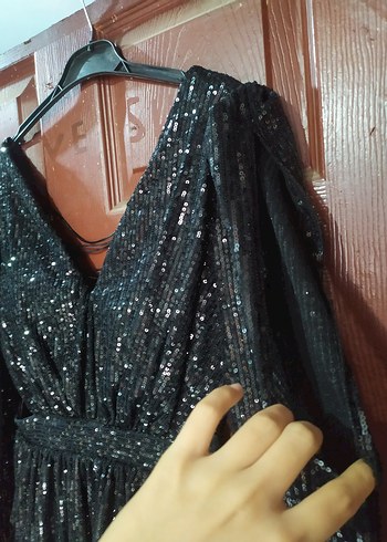 Parlak Siyah kısa Abiye Elbise - Görsel 7