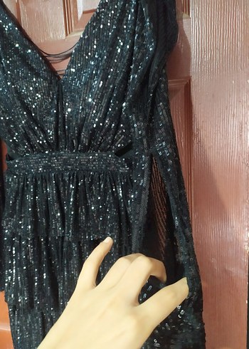 Parlak Siyah kısa Abiye Elbise - Görsel 8