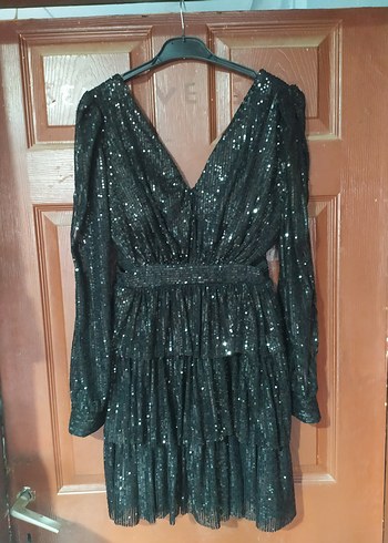 Parlak Siyah kısa Abiye Elbise - Görsel 2