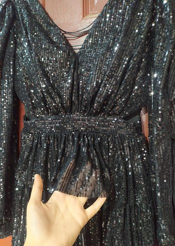 Parlak Siyah kısa Abiye Elbise - Görsel 9