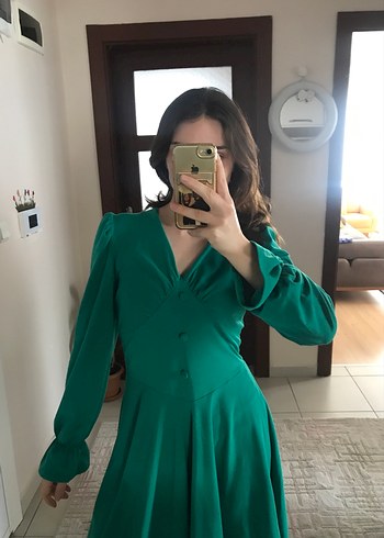 V Yaka Yeşil Salaş Midi Elbise - Görsel 2