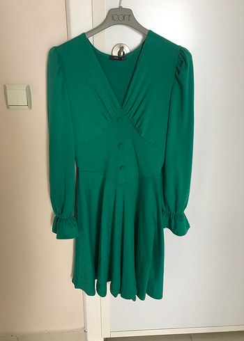 V Yaka Yeşil Salaş Midi Elbise - Görsel 3