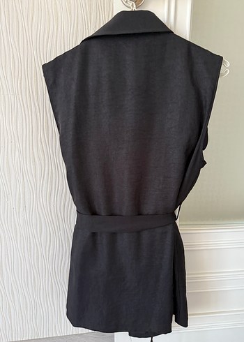 Kuşaklı Siyah Keten Kadın Yelek Takım - Görsel 2