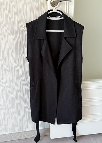 Kuşaklı Siyah Keten Kadın Yelek Takım - Görsel 3