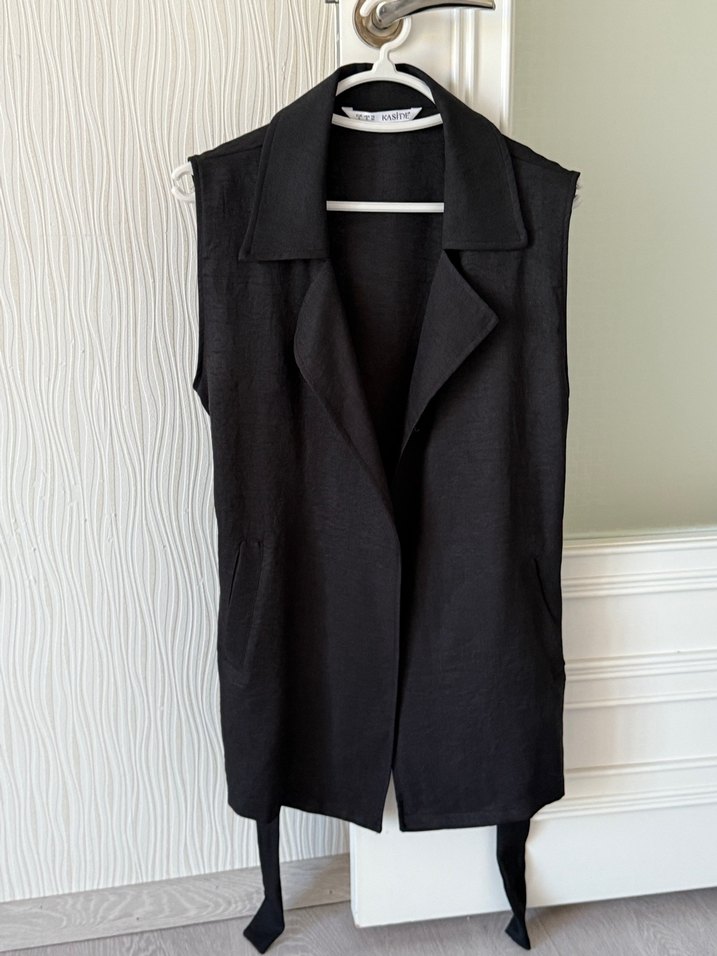 Kuşaklı Siyah Keten Kadın Yelek Takım - Görsel 3