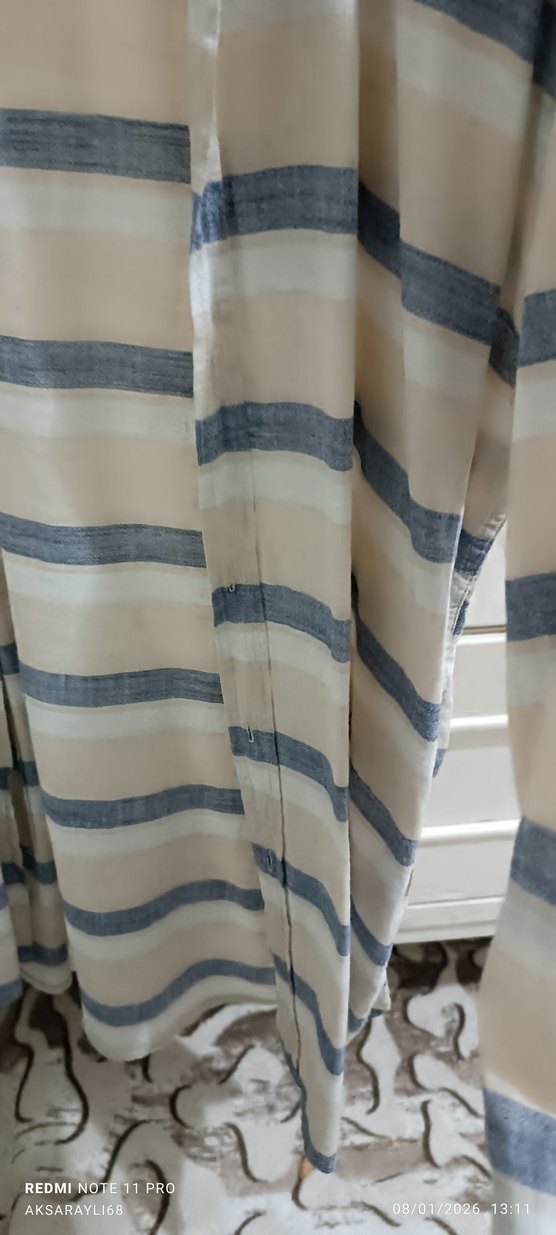 Düğmeli Bej Gri Çizgili Erkek Keten Gömlek - Görsel 3