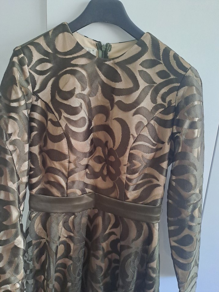 Uzun Kollu Koyu Yeşil Vintage Kadın Elbise - Görsel 2