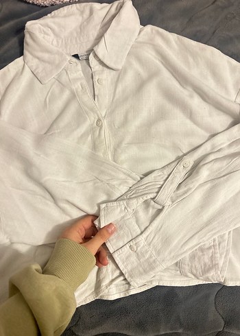 Düğmeli Beyaz Keten Kadın Gömlek - Görsel 4