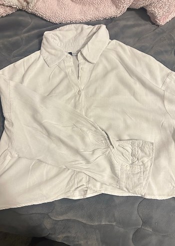 Düğmeli Beyaz Keten Kadın Gömlek - Görsel 3