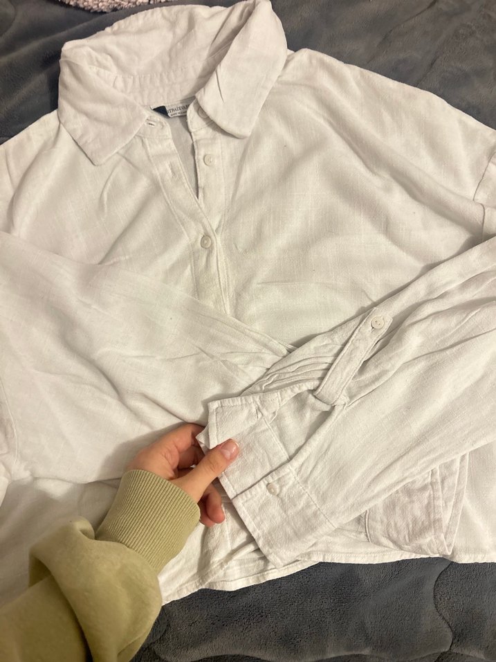 Düğmeli Beyaz Keten Kadın Gömlek - Görsel 4
