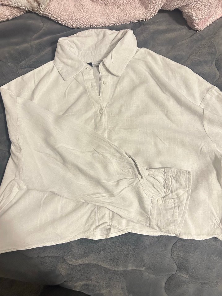 Düğmeli Beyaz Keten Kadın Gömlek - Görsel 3