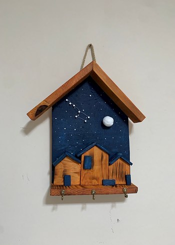 3 Kancalı Ahşap Gece Temalı Anahtarlık Askısı 30x20 - Görsel 2
