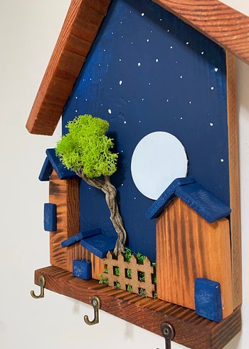 3 Kancalı Gece Temalı Bahçeli Dekoratif Duvar Anahtarlık 30x20 - Görsel 2