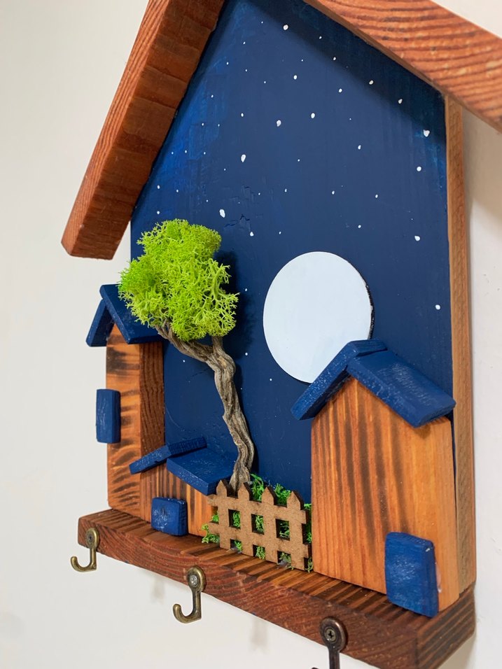 3 Kancalı Gece Temalı Bahçeli Dekoratif Duvar Anahtarlık 30x20 - Görsel 2