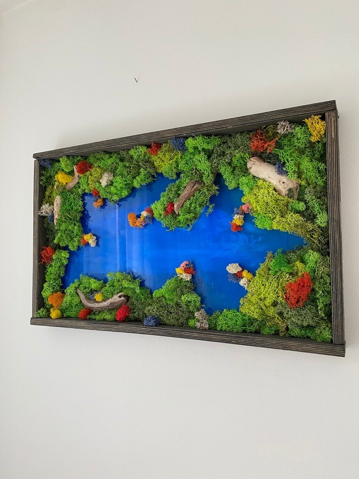 Ahşap Çerçeveli Göl Temalı Gerçek Yosunlu Duvar Tablo 68x41 - Görsel 3