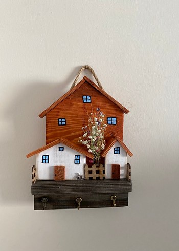 3 Kancalı Çiçekli Ahşap Renkli Ev Duvar Anahtarlık - Görsel 4