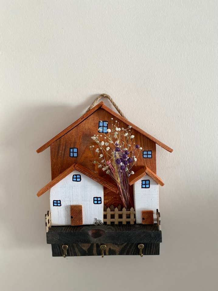 3 Kancalı Çiçekli Ahşap Renkli Ev Duvar Anahtarlık - Görsel 3