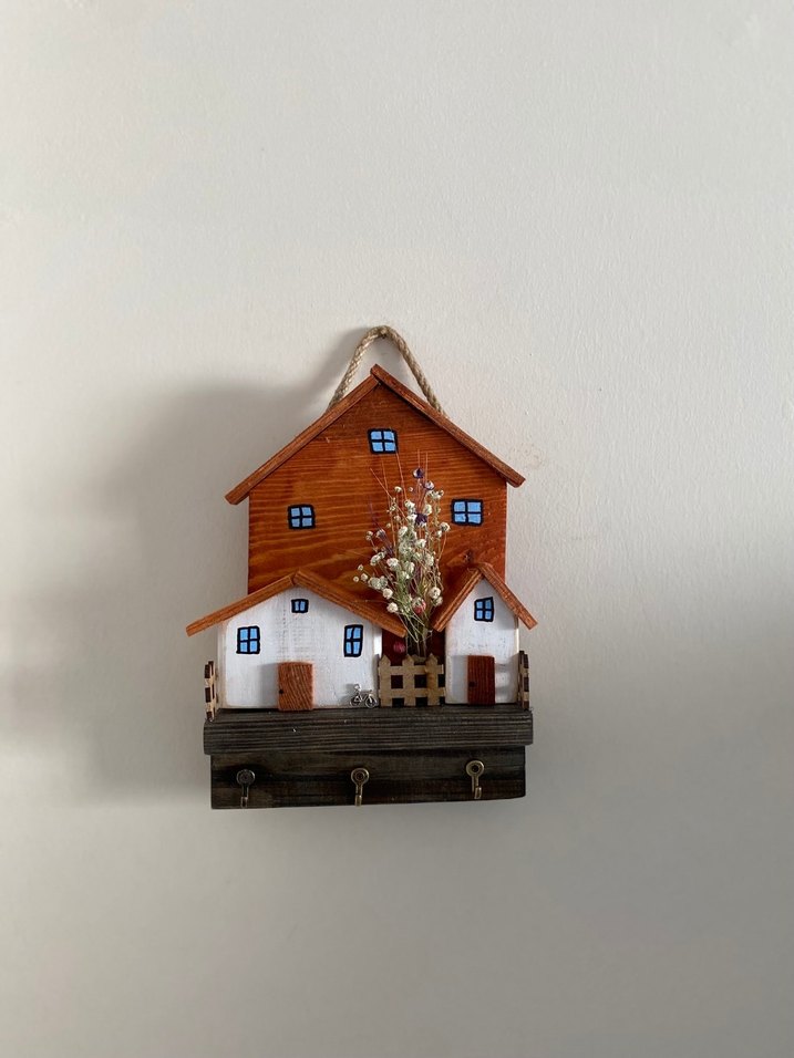 3 Kancalı Çiçekli Ahşap Renkli Ev Duvar Anahtarlık - Görsel 5