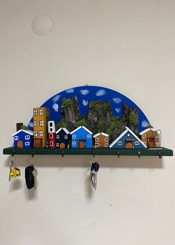 7 Kancalı Renkli Ahşap Ev Temalı Anahtarlık - Görsel 2