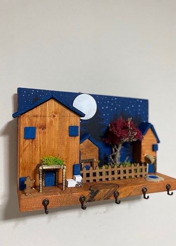 5 Kancalı El Yapımı Dekoratif Ahşap Evli Anahtarlık Askısı/30x20 - Görsel 2