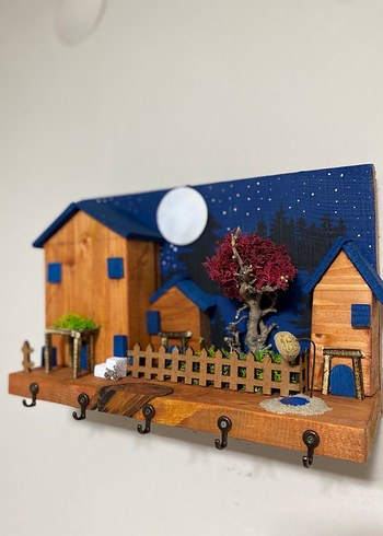 5 Kancalı El Yapımı Dekoratif Ahşap Evli Anahtarlık Askısı/30x20 - Görsel 3